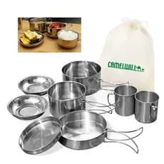 Kit Cozinha Panelas Camping 8 Peças Aço Inox Portátil Pesca Trilha
