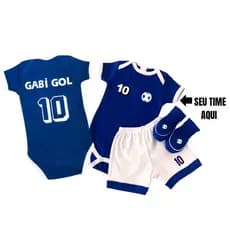 Kit 3 peças Personalizado com nome e logo do seu time de coração-body bebê,calça e pantufa