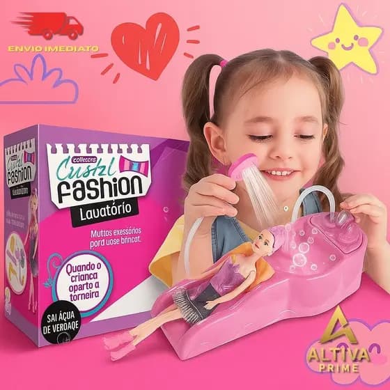 Lavatório Fashion com Boneca Secador Escova Bolsa Pente Cabide Ducha Sai Água Infantil Presente