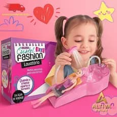 Lavatório Fashion com Boneca Secador Escova Bolsa Pente Cabide Ducha Sai Água Infantil Presente
