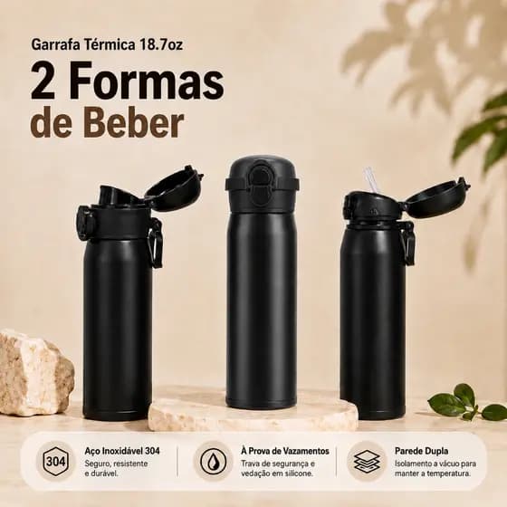 Garrafa Inox Térmica 350ML 18.7oz 2 Formas de Beber COPA ISOLANTE COM MÃO Garrafa Térmica Alça Academia Inox