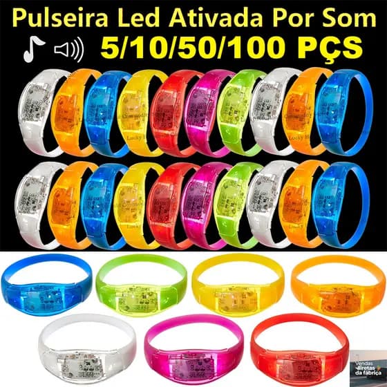 Até 100 Pulseiras LED Ativada por Som que Pisca ao Música com 3 Modos de Luz para Festa, Formatura, Balada e Aniversário