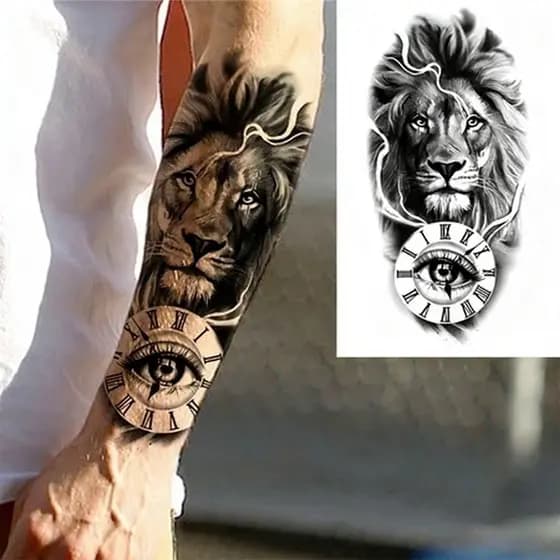 Adesivos de Tatuagem Temporária Aplicados no Braço, Semipermanente Removível À Prova d'Água - Leão Tigre Coroa Compasso