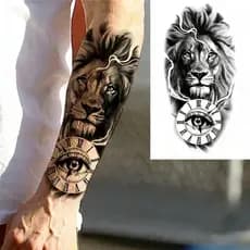 Adesivos de Tatuagem Temporária Aplicados no Braço, Semipermanente Removível À Prova d'Água - Leão Tigre Coroa Compasso
