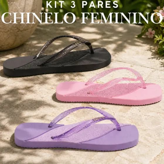 Kit 3 Pares Chinelo Feminino Slim Com Glitter Leve Macio e Casual - Envio Imediato