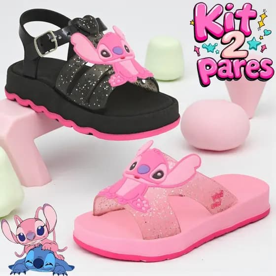 Kit sandália e chinelo infantil feminina menina stitch tira h papete confortável lançamento