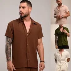 Camisa Masculina Manga Curta Botao Textura Verao Duna Viscose Slim Casual Praia