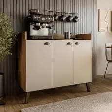 Aparador Buffet Ayla Madeira OffWhite 3 Portas Sala de Jantar Luxo Moderno Cantinho Café