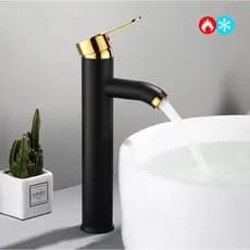 Torneira Monocomando 30cm Luxo Preta Fosca com Dourado Água Quente e Fria Aço Inox