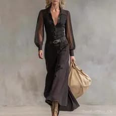 Vestido transparente de manga comprida com gola e detalhes de rebites, vestido feminino de malha com botões no estilo eu