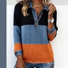 Blusa feminina com detalhes em patchwork e contraste de cores modernas, com gola de malha, estilo europeu e americano, c