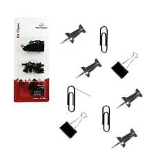 Kit Escritório Clips Alfinetes Prendedores  Preto Papelaria 42pcs