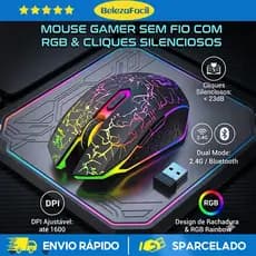 Mouse sem fio para notebook dual band receptor nano 2,4ghz / Bluetooth RGB recarregável mouse gamer sem fio