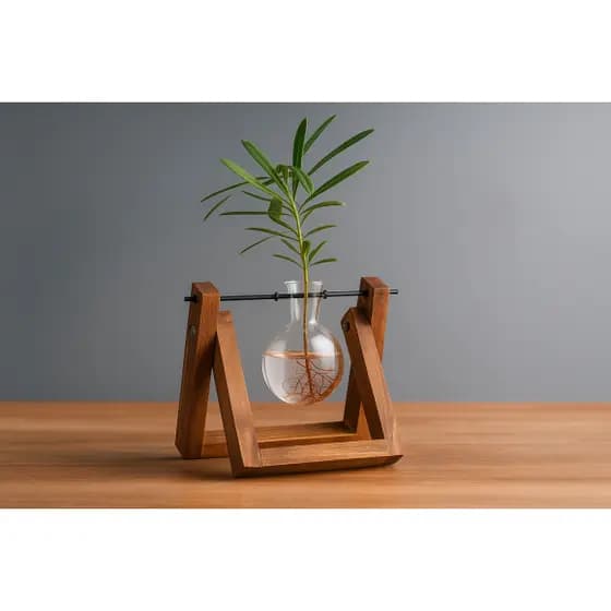 Vaso De Vidro Com Suporte Em Madeira