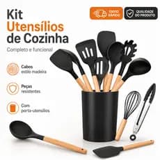 Kit Jogo 12 peças de Cozinha Silicone Utensilios Copo Suporte Cabo de Madeira MasterChef
