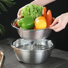 Escorredor de aço inoxidável extra grosso, bacia para lavar vegetais, peneira para arroz, cesto para drenar água, cesto