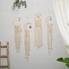 Tapeçaria de Parede Boêmia Feita à Mão em Corda de Algodão Tecida, Estilo Nórdico com Borlas em Forma de Lua, Decoração
