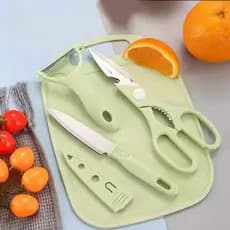 Kit De Utensílios De Cozinha 4 Peças Faca Tesoura Descascador Tábua Culinária