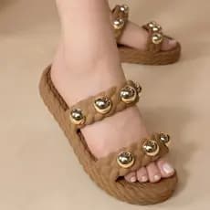 Sandália Feminina Papete Trançada Dourada Flatform Moda Verão