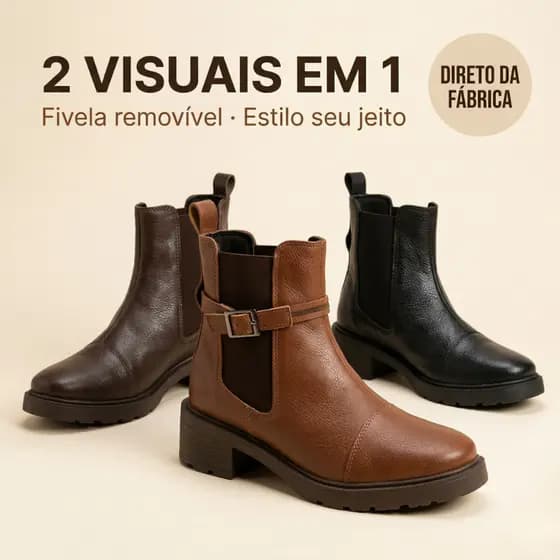 Bota Feminina Chelsea Cano Curto Fivela Removível Salto Bloco Tratorada Botinha
