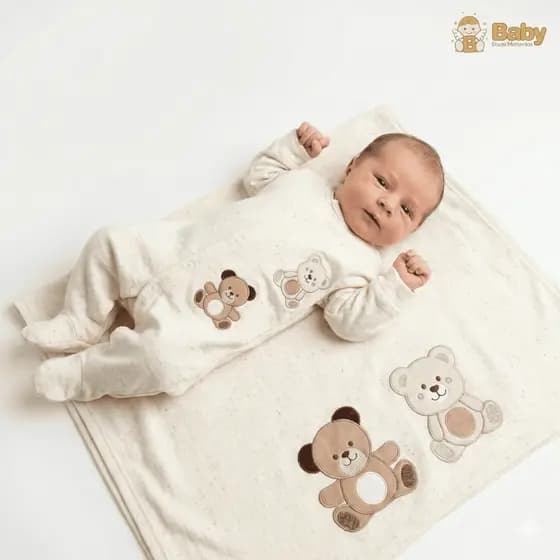 Saída de Maternidade Menino Baby Doces Momentos – Kit 2 Peças 100% Algodão com Manta 80x80 Ursinhos