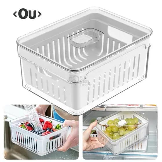 Organizador Geladeira 2,2L Cesto Escorredor Tampa Empilhável Frutas Verduras Legumes Clear Fresh Ou