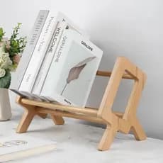 Estante de mesa em madeira maciça, suporte de livros móvel, prateleira de armazenamento de documentos e livros ilustrado