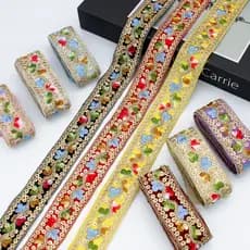 Renda bordada de estilo étnico de 3,5 cm com fio dourado e lantejoulas, acessório de vestuário para Hanfu e roupas infan