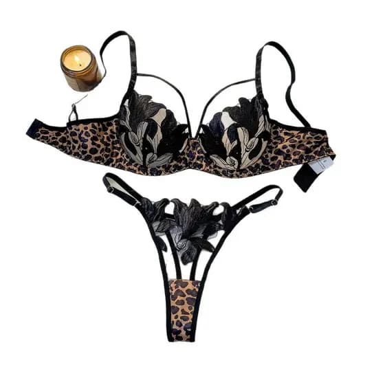 Conjunto de Renda Francesa com Estampa de Leopardo, Sutiã Push-Up Bordado com Aro DMHH
