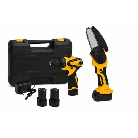 Kit Mini Motoserra + parafusadeira Bivolt Profissional 2 Baterias
