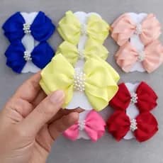 Kit 6 Pares Laço Luna Infantil em Fita Gorgurão com Pérolas – Delicado, Elegante e Luxo