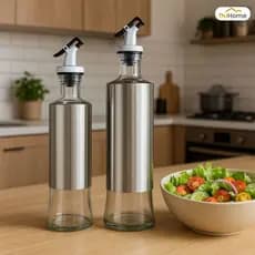 Galheteiro De Vidro e Inox 350ml + 500ml Com Bico Dosador Porta Azeite Vinagre Shoyu Molhos