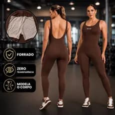 Macacão Fitness Forrado Feminino Longo Roupa de Academia com Costas Abertas Zero Transparência