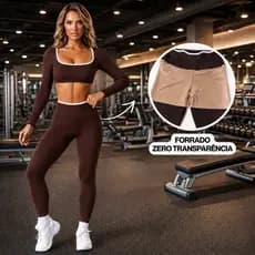 Conjunto Manga Longa Forrado de Academia Fitness Feminino com Top Manga Comprida e Legging Cós Alto
