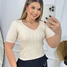 Blusa Feminina Estilosa Tricot Manga Curta Decote V Roupa Feminina Elegante Casual Moda Verão
