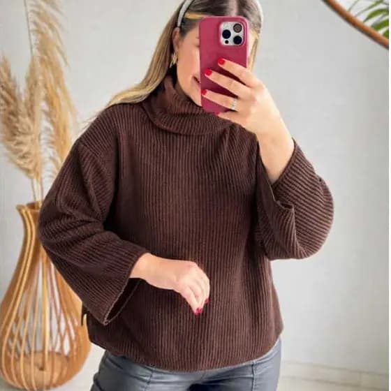 Blusa Feminina Estilosa Tricot Oversized Gola Alta Blusa de Frio Feminina Roupa Feminina Elegante