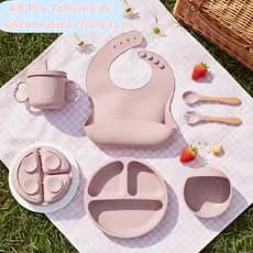 NOVO  Talheres bebê silicone 6 Peças kit Talheres Infantil Com Ventosa Canudo Colher Babador Garfo