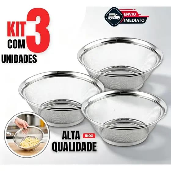 KIT 3/2/1 Cestas em Inox Escorredor Multiuso 22cm Cozinha Escorredor de Macarrão Legumes Arroz Fruteira