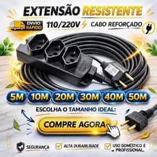 Extensão Cabo PP Reforçada 3 Tomadas Bivolt Uso Doméstico e profissional 5 metros 10m 20m 30m 40m 50m