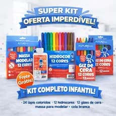 KIT COMPLETO INFANTIL MATERIAL ESCOLAR - LÁPIS DE COR 24 CORES HIDROCOR GIZ MASSA MODELAR COLA