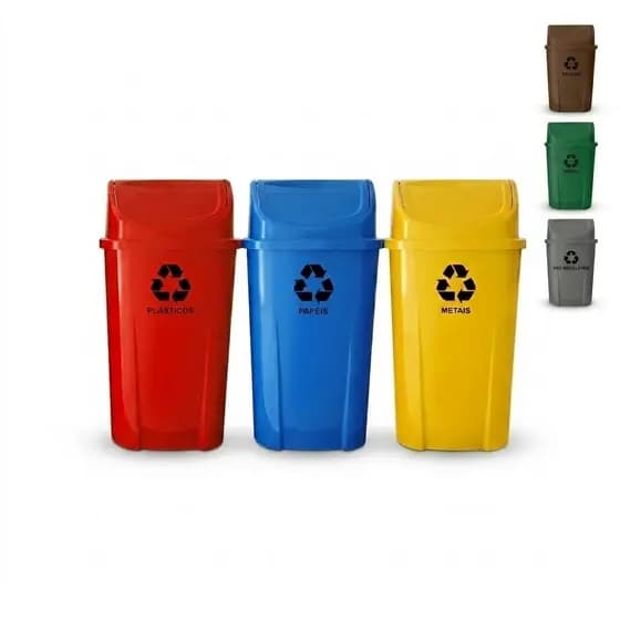 Kit 3 Lixeiras Coleta Seletiva 60 Litros Basculante Tampa Vai e Vem Plástico Resistente ANVISA Reciclagem Escritório