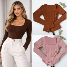 body Feminino Decote Quadrado Manga longo Tecido ribana premi Moda inverno Tendência