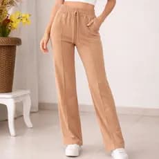 Calça Pantalona Moletinho Feminina Com Bolso Cintura Alta Tecido Premium