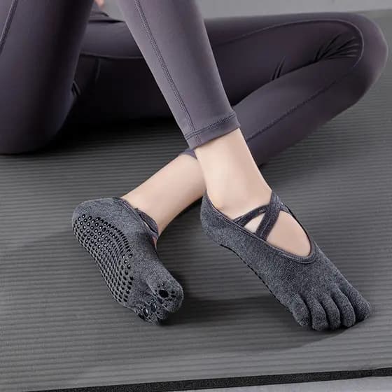 Meias de Yoga 2021 com Tiras Cruzadas, Meias de Pilates Antiderrapantes com Cinco Dedos e Amarração 1LML