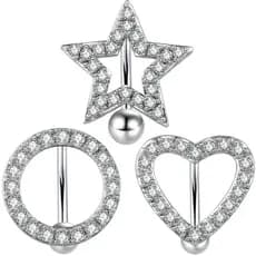 Piercing de umbigo em formato de coração com estrela totalmente cravejada de strass, haste de 1,6 mm de espessura