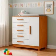 Cômoda Infantil 5 Gavetas 1 Porta MDF para Quarto de Bebê Grande Espaçosa Moderna e Resistência