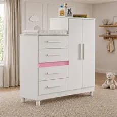 Cômoda Infantil Bebê Incluso Colchão Guarda Roupa 4 Gavetas Cabideiro Quarto de Bebê Organizadora