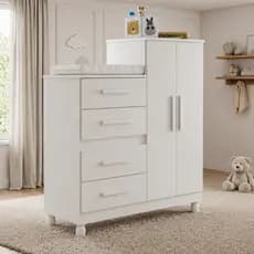 Cômoda Roupeiro Infantil 4 Gavetas com Porta e Cabideiro Trocador Bebê Branco Quarto Completo