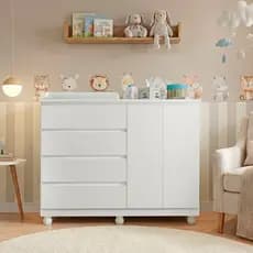 Cômoda Infantil Com Trocador 4 Gavetas Guarda Roupa Bebê Com Colchão E Cabideiro Branco MDP