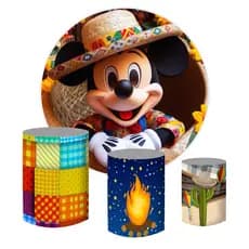 Painel Redondo + Capas Cilindros Tecido Sublimado Festa junina Mickey